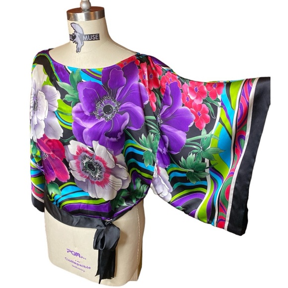 100% Silk Caché Kimono Blouse Bright Colorful Floral Pattern Side Tie Sz Small - Picture 4 of 9